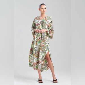 NATORI Peizuri Caftan Dress Midi Paisley Floral Green White Kimono M‎ Beach Pool